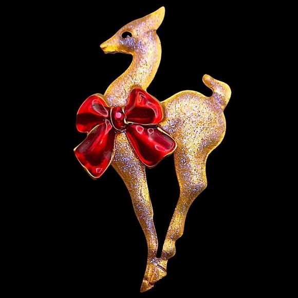 Vintage Deer Brooch Pin Mod Long Legged Sika Gold Tone Metallic Purple Sheen MCM - Picture 8 of 14